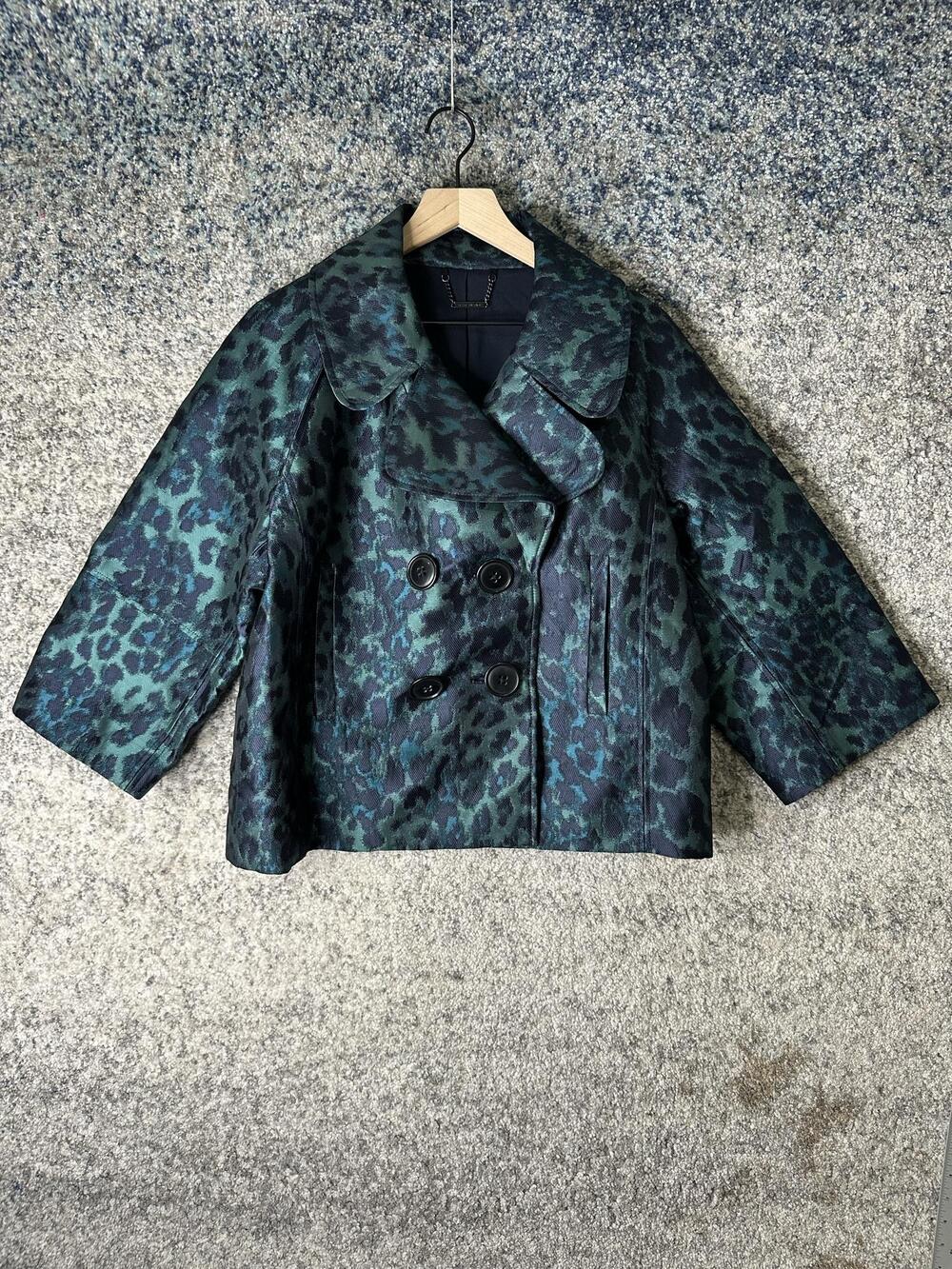 Elie Tahari Jacket Womens Medium Green Animal Print Pea Coat Edna Lined Jacquard